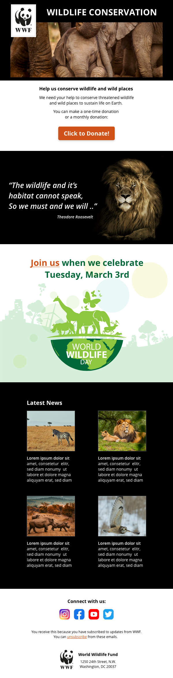 Email design of a wildlife conservation organization featuring vibrant images of animals and conservation efforts.