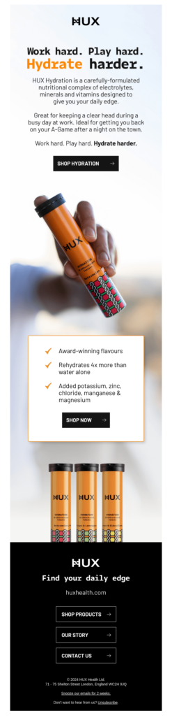 Huxx website displaying various vitamins and supplements aimed at promoting a healthier lifestyle and improved well-being.