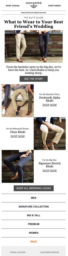 Email design showcasing men's clothing, featuring stylish outfits for celebration of World Marriage Day.