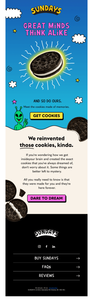 Email promotion by Sundays celebrating World Thinking Day with festive packaging and engaging activities.
