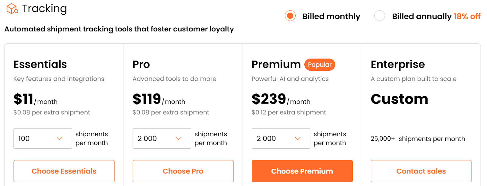 Pricing page for AfterShip, showcasing various plans and features for users to choose from.