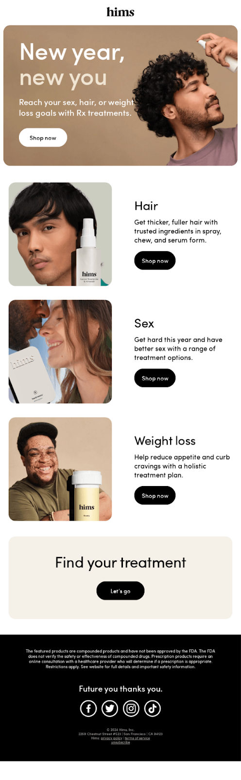 Hair care website design featuring a festive New Year’s email layout with vibrant colors and elegant typography.