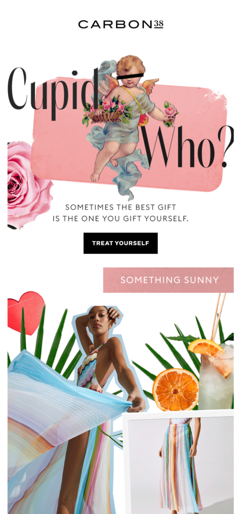 Colorful email design showcasing a woman in a dress and a cupid, highlighting the theme of appreciation for singles.