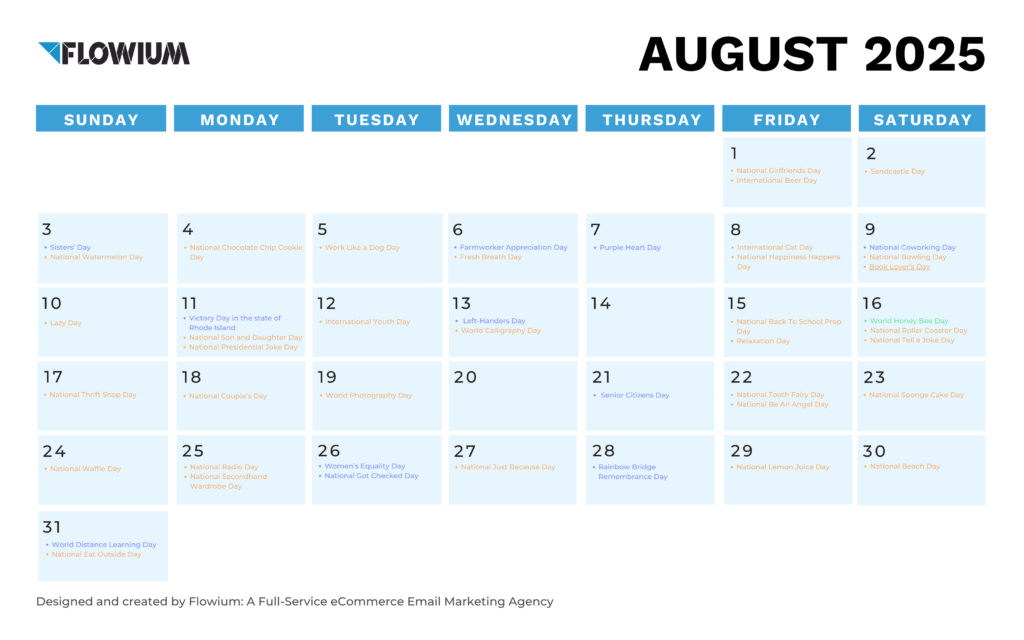 Email marketing calendar for August by Flowium.