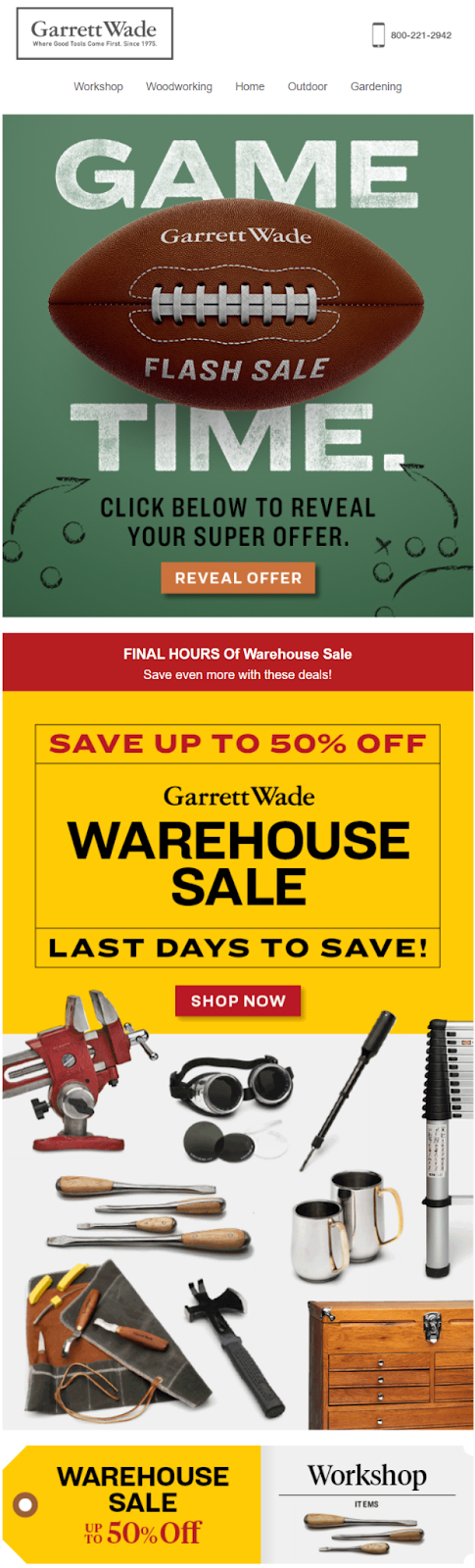 Email design showcasing various items available for purchase during the Before the Game Flash Sale.