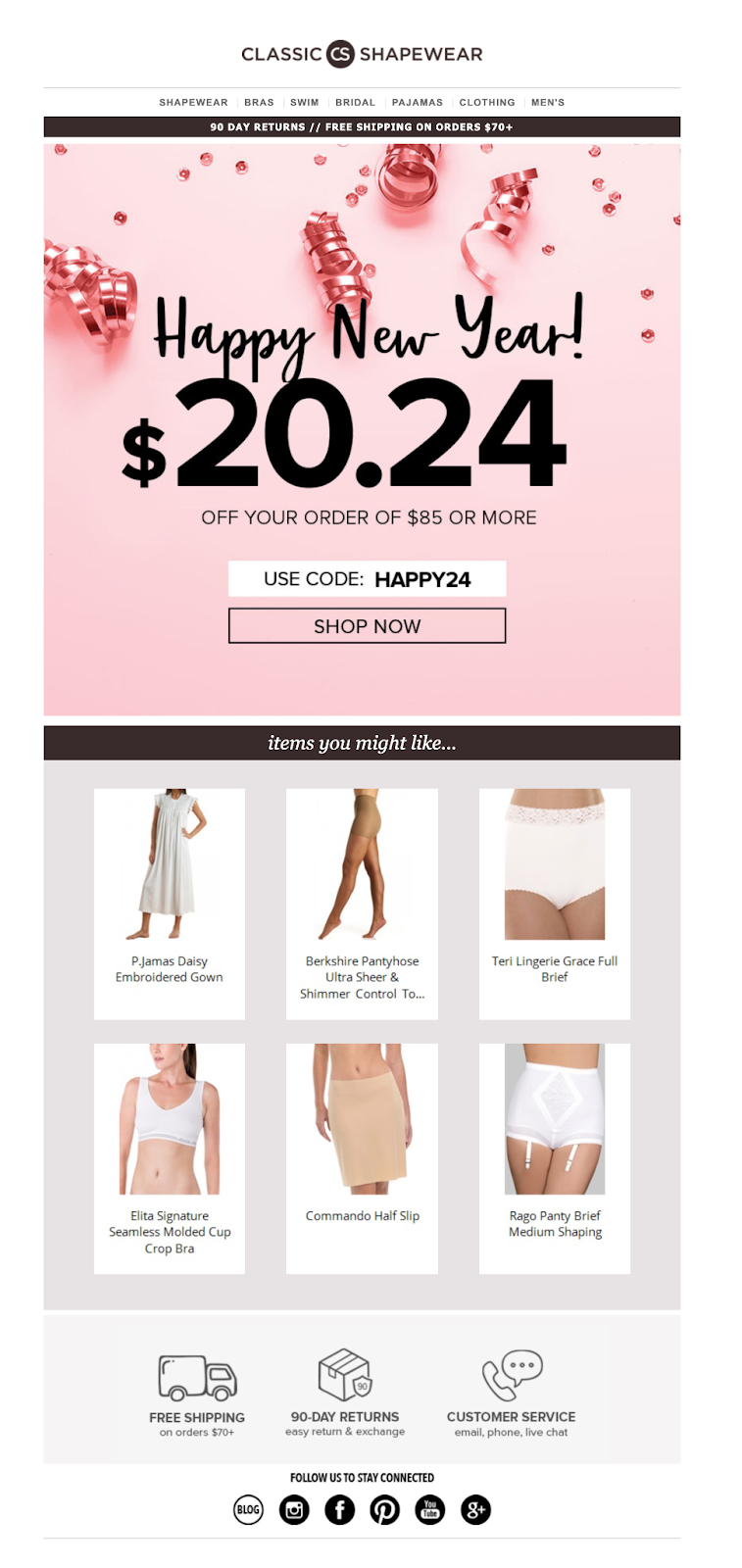 Classic Shapewear's New Year sale email, displaying vibrant promotions and enticing discounts for customers.
