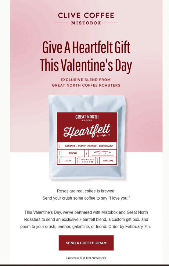 Valentine's Day email template featuring Clive Coffee's branding and festive design elements for a romantic touch.