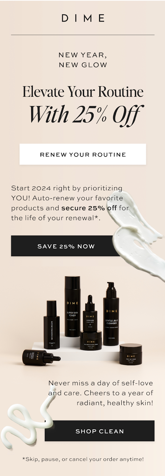 A glowing D I M E email design celebrating the New Year, radiating festive energy.