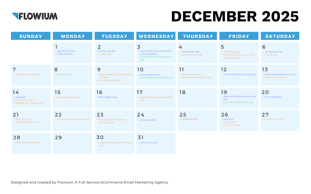 Email marketing calendar for December by Flowium.