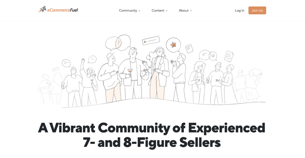 The eCommerceFuel website, highlighting a lively community of expert sellers achieving seven-figure revenues.