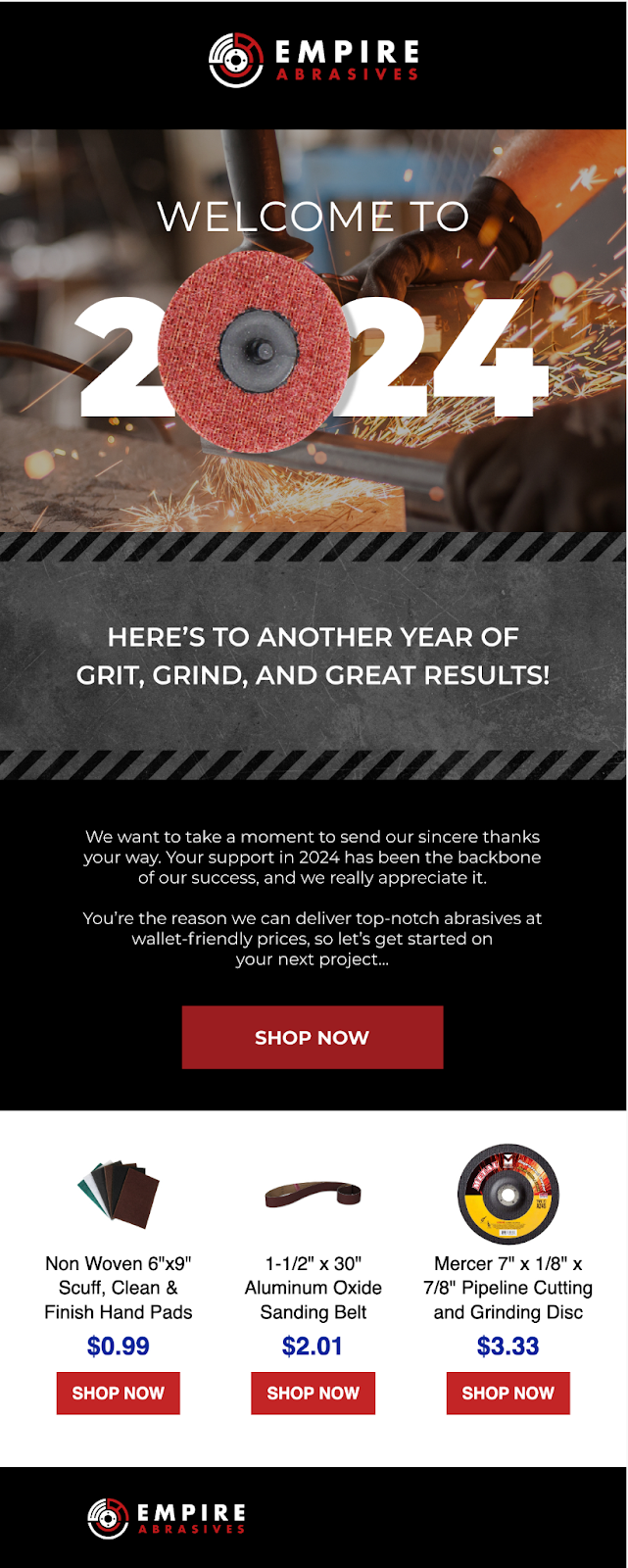 Email design for Empire Abrasives, showcasing a modern look for the new year.
