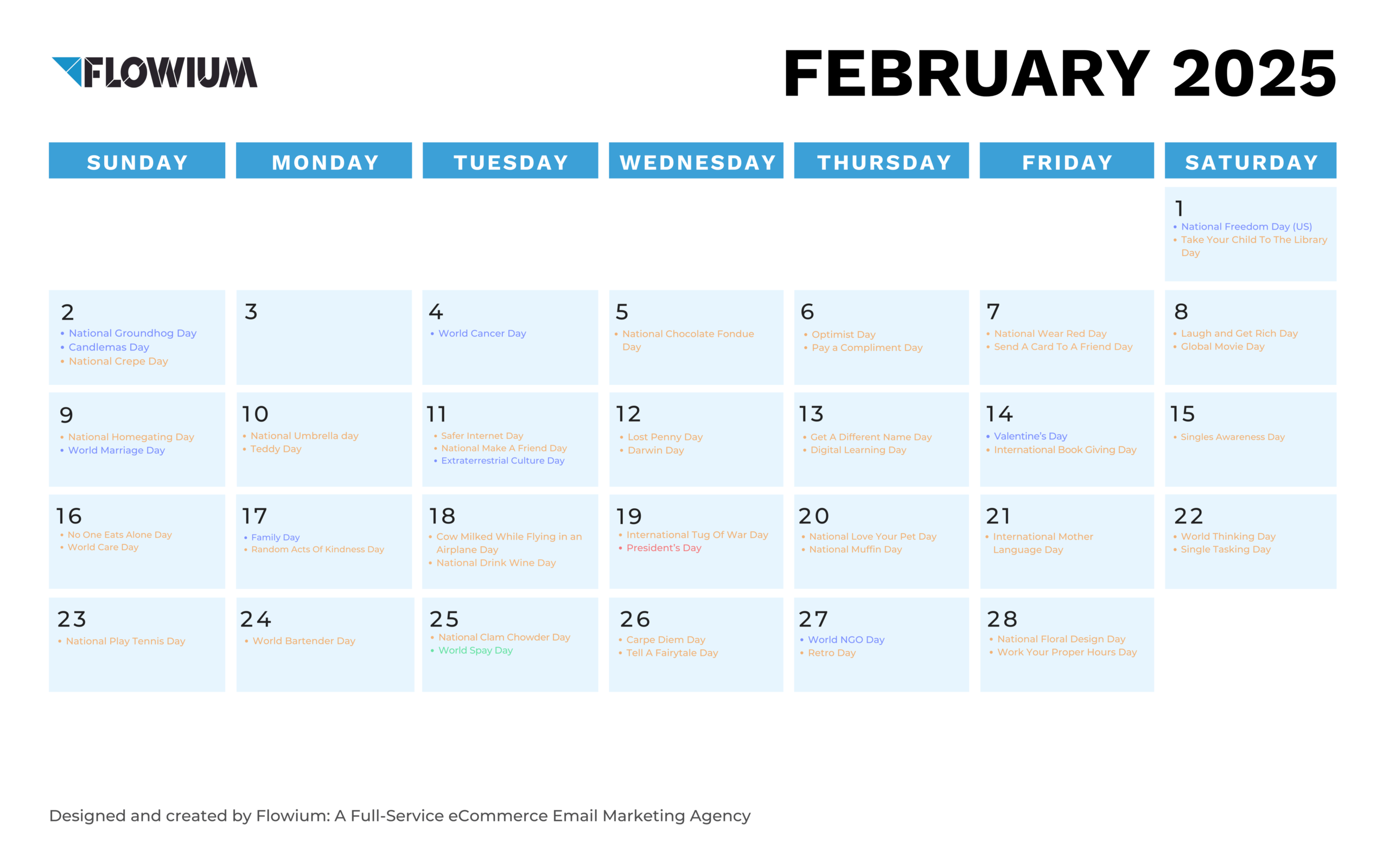 Email marketing calendar for February by Flowium.