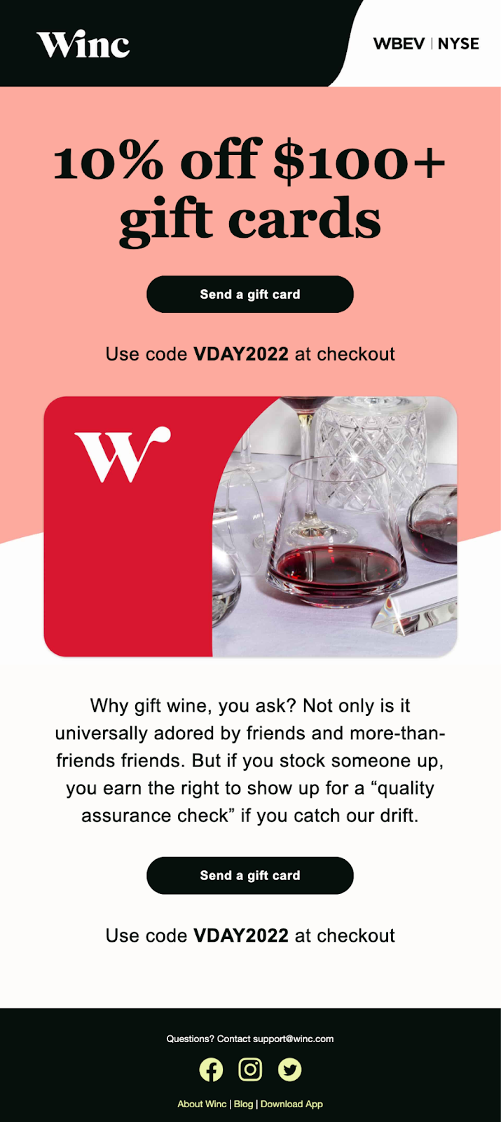 Valentine's Day email featuring a wine gift card offer, perfect for celebrating love with a thoughtful present.