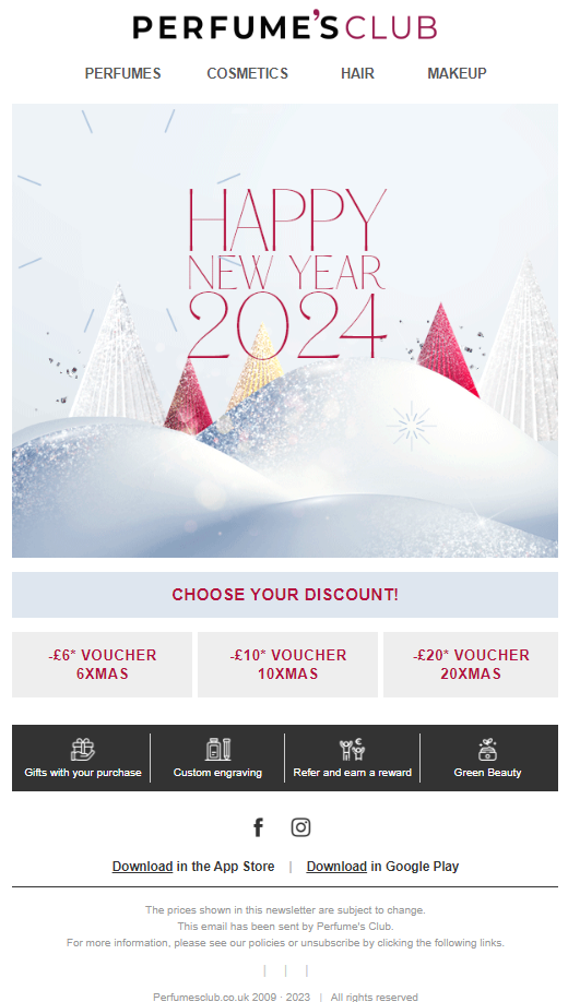 Promotional email for perfumes club's New Year sale, showcasing enticing offers and festive graphics to attract customers.