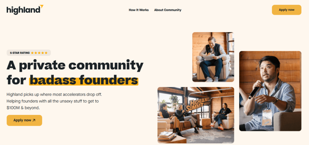Homepage of Highland, a private community designed for innovative and ambitious founders.