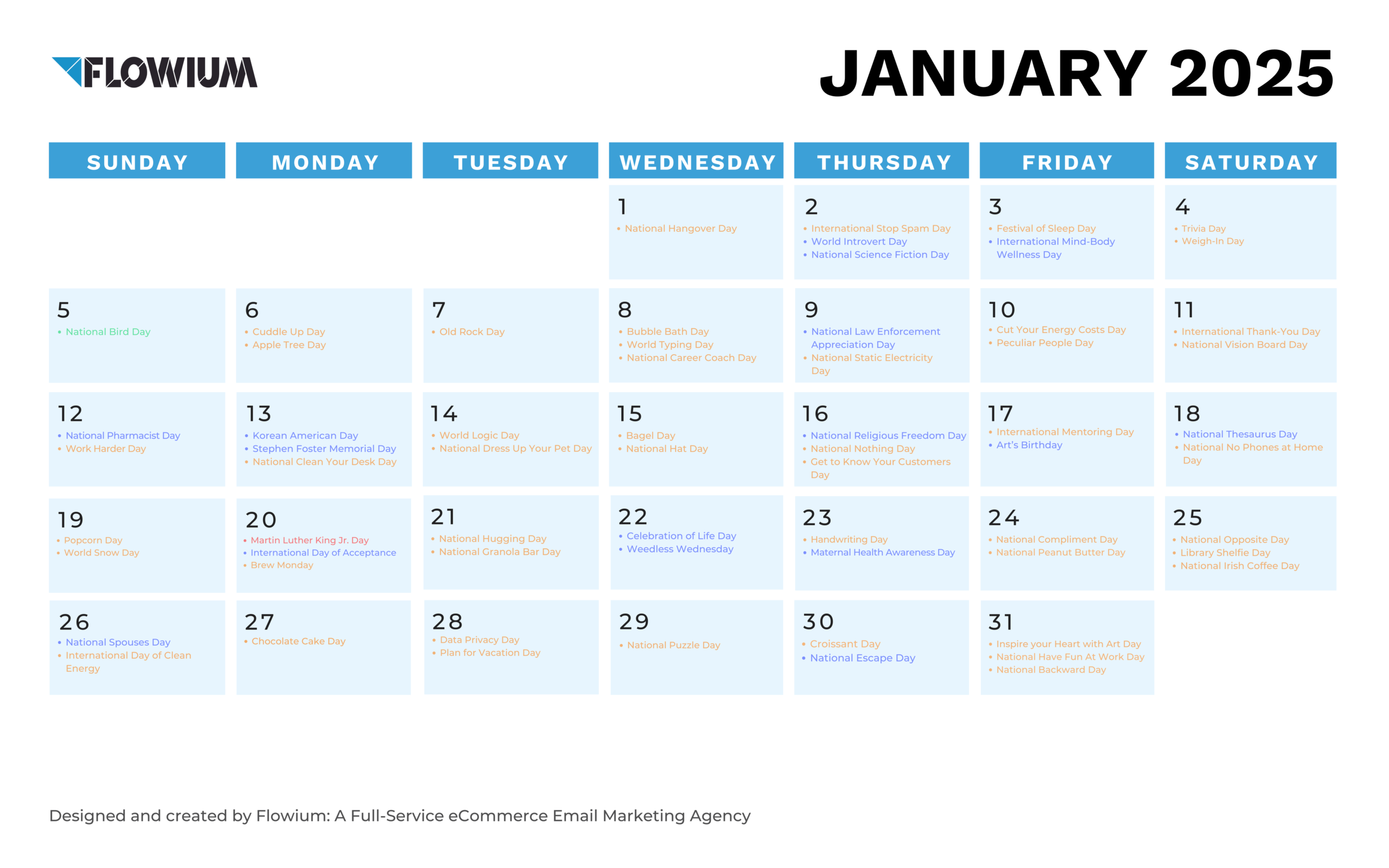 Email marketing calendar for January by Flowium.