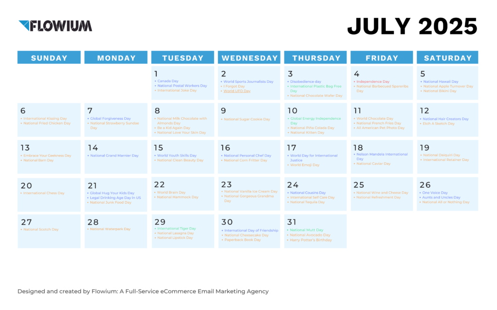 Email marketing calendar for July by Flowium.