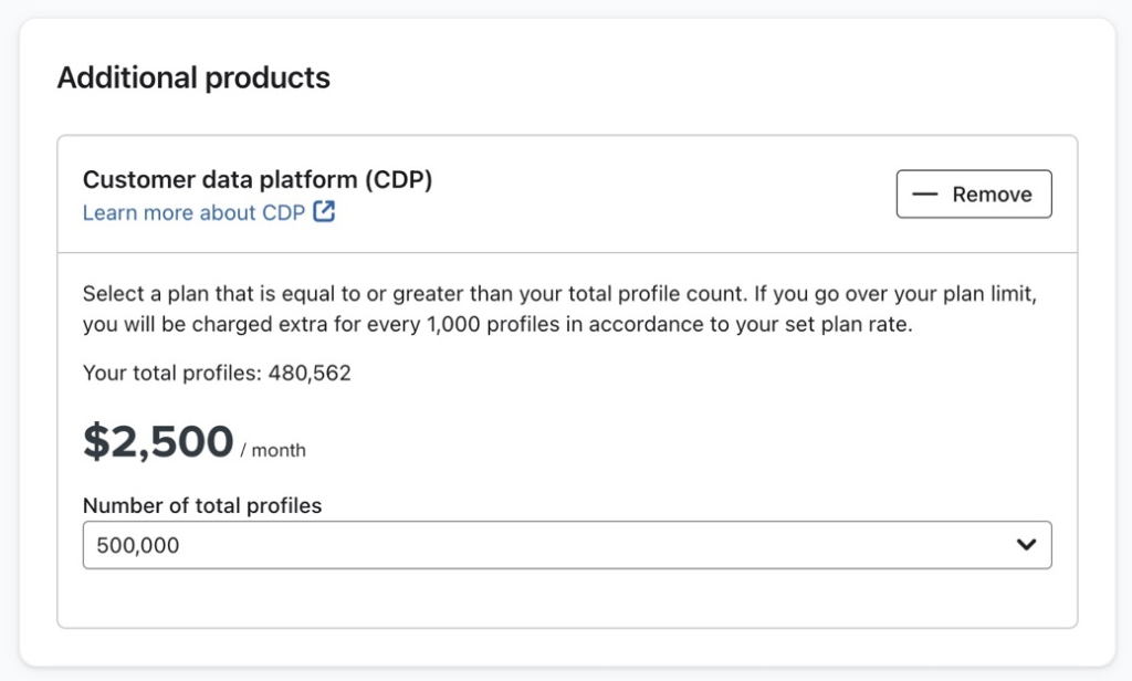Product page showcasing Klaviyo Customer Data Platform pricing details and features for effective customer data management.