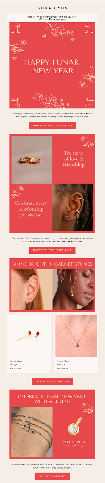 Email design for a jewelry store, featuring Lunar New Year-themed promotions and festive visuals.