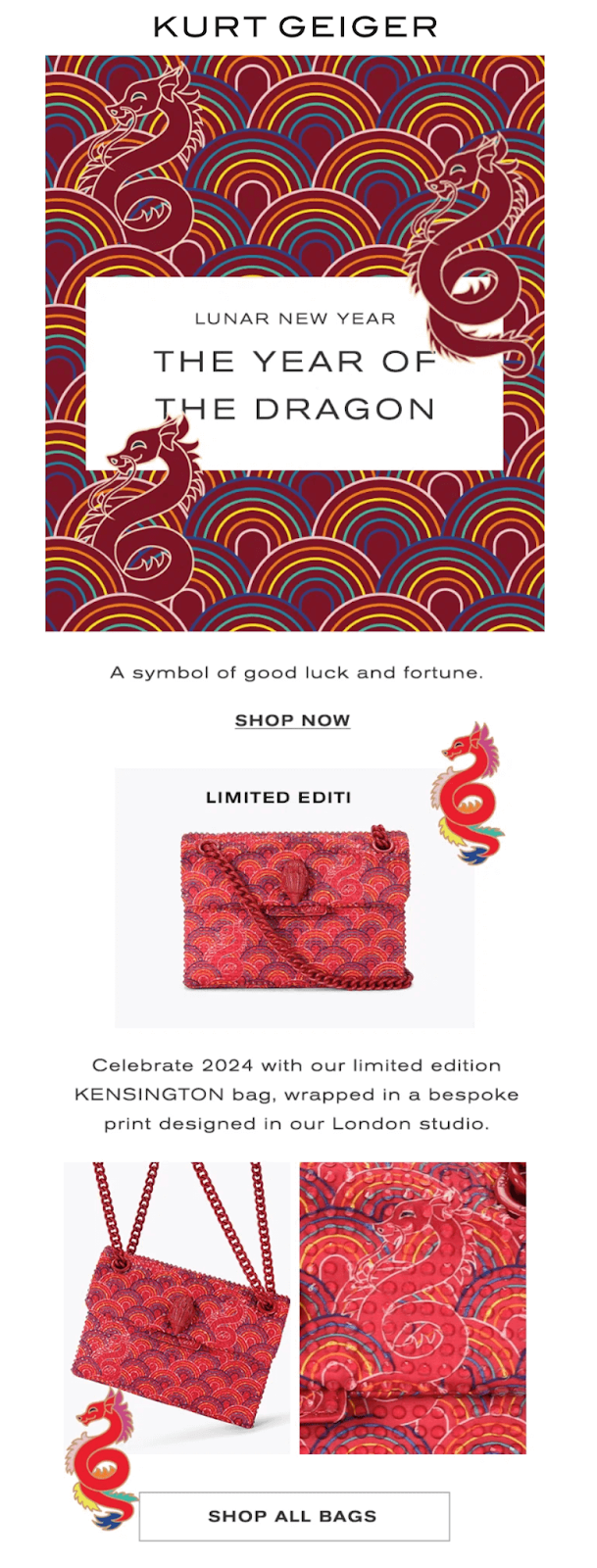 Email design with red and black patterned bag symbolizing the Year of the Dragon, perfect for Lunar New Year celebrations.