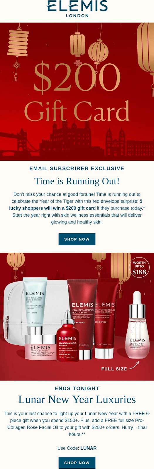 A $200 ELEMIS gift card showcased in a Lunar New Year email, representing a premium skincare gift option.