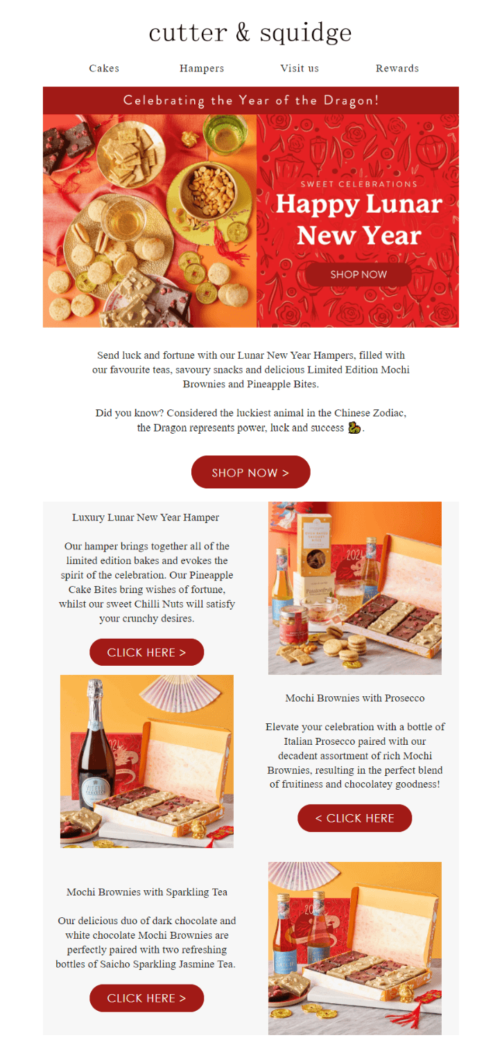 Email design for Lunar New Year featuring Cutter & Squidge branding and festive elements celebrating the occasion.