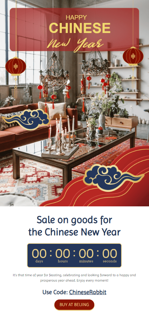 Email design for Lunar New Year sale featuring festive goods and decorations for the celebration.