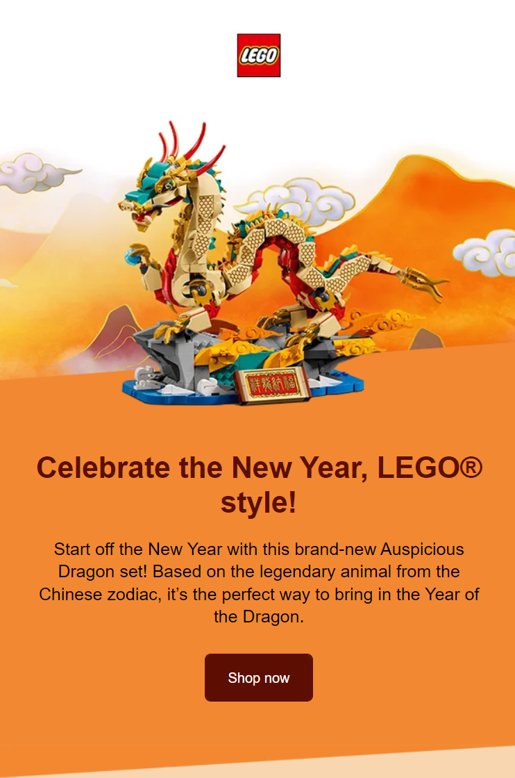 Festive Lego® scene depicting Chinese New Year, highlighting traditional elements and decorations for the Lunar New Year celebration.