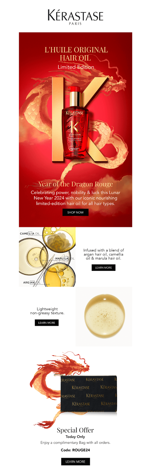 Email design showcasing Kérastase's new product for Lunar New Year, featuring vibrant design and promotional details.