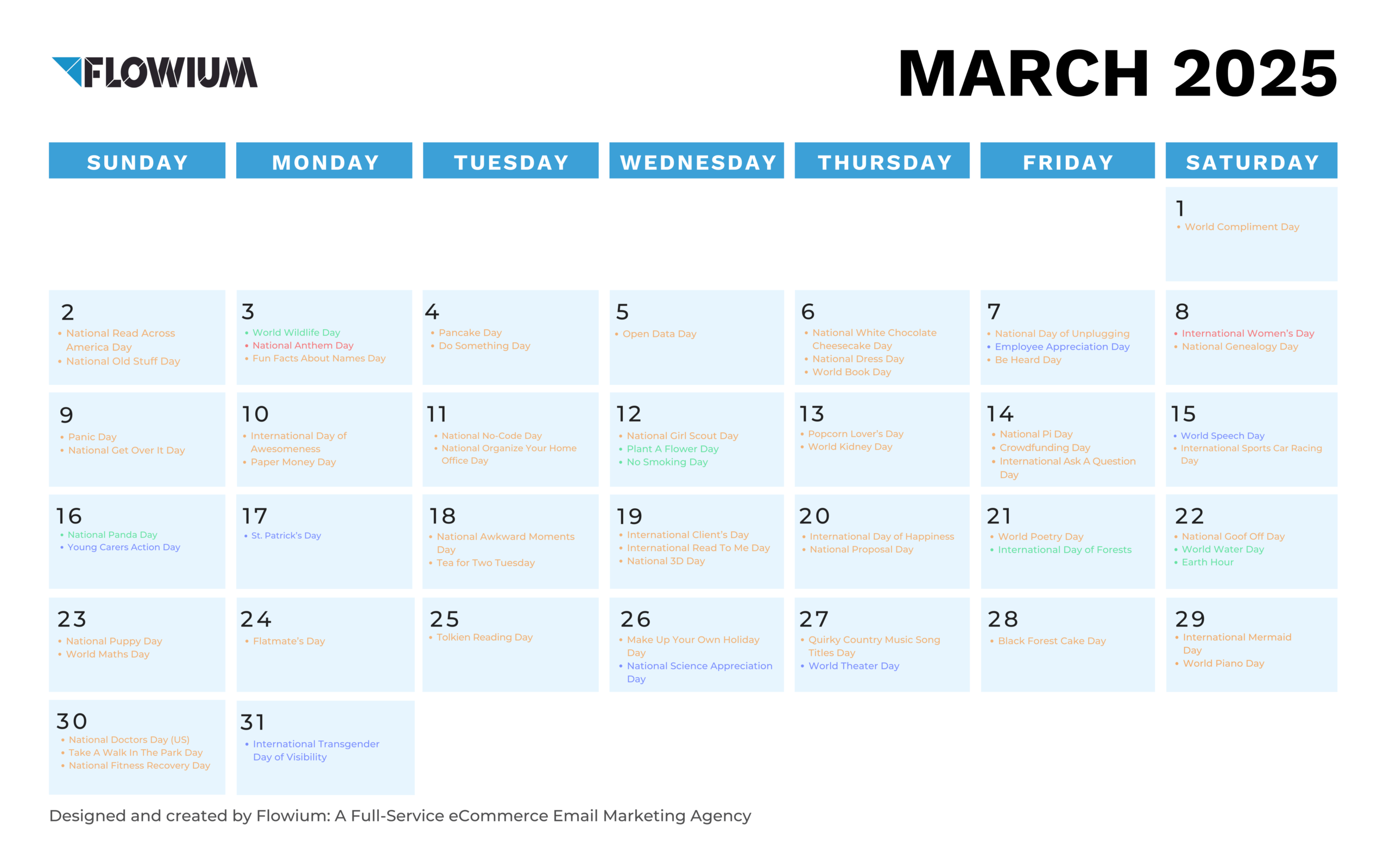 Email marketing calendar for March by Flowium.
