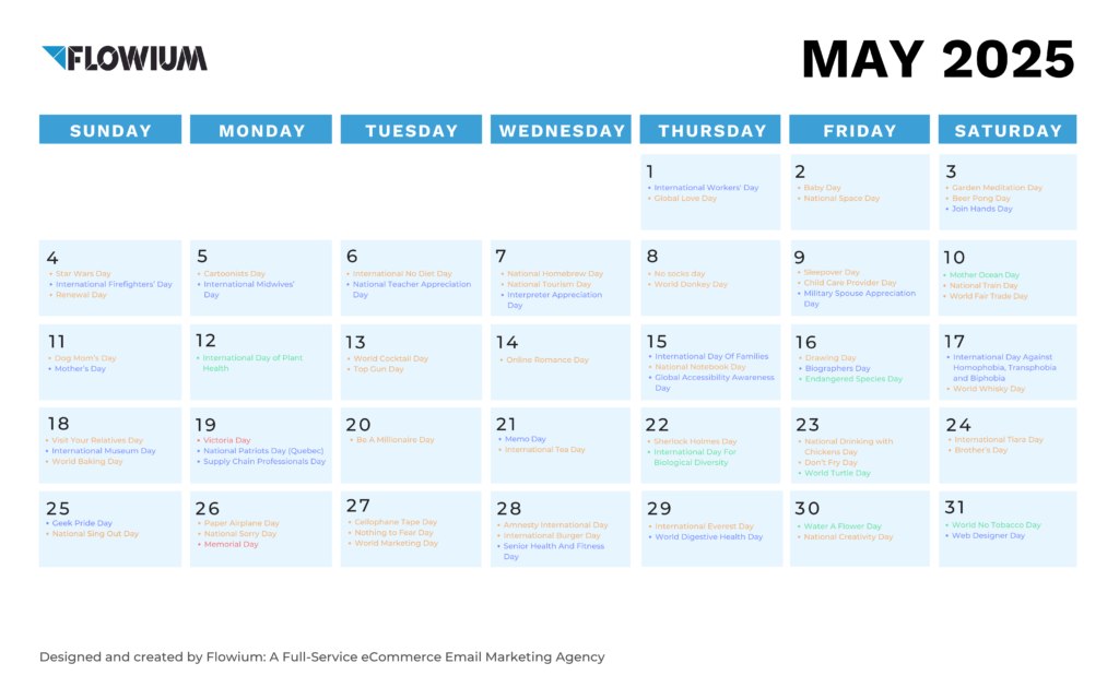Email marketing calendar for May by Flowium.