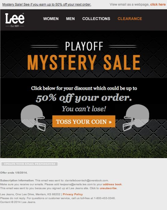 Email design showcasing the playoff mystery sale, featuring promotional graphics and enticing offers for customers.
