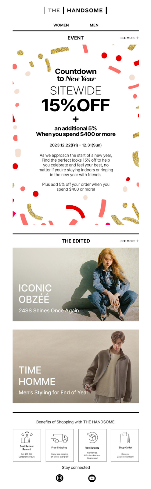The | Handsome sale page, showcasing New Year’s Countdown Flash Sale offers and deals.