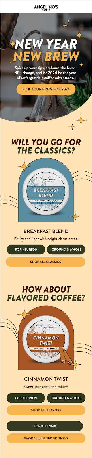 Angelino's coffee email design, capturing the energy and festive spirit of the New Year celebrations.