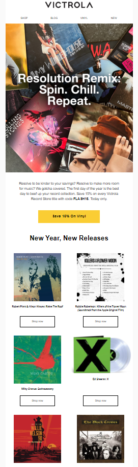 An artistic representation of a music email design, highlighting New Year resolutions with dynamic elements and appealing graphics.