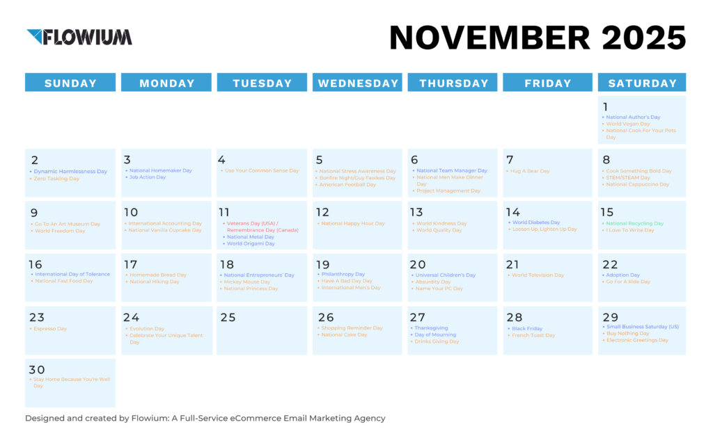 Email marketing calendar for November by Flowium.