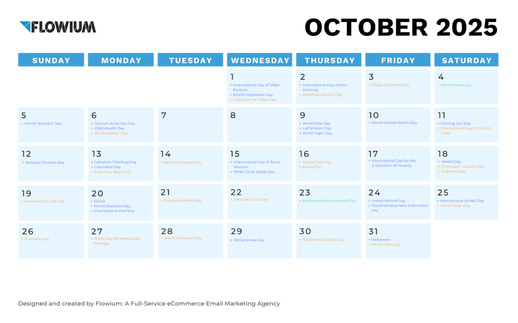 Email marketing calendar for October by Flowium.