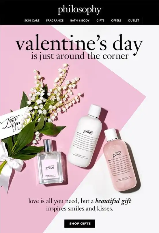 Valentine's Day sale banner featuring Philosophy products, promoting love and self-care with elegant design elements.
