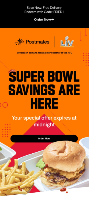 Super Bowl savings promotion by Postmates, featuring enticing deals and discounts for game day celebrations.