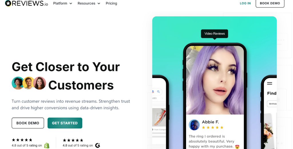 Screenshot of Reviews.io showcasing customer reviews to enhance engagement and connection with clients.