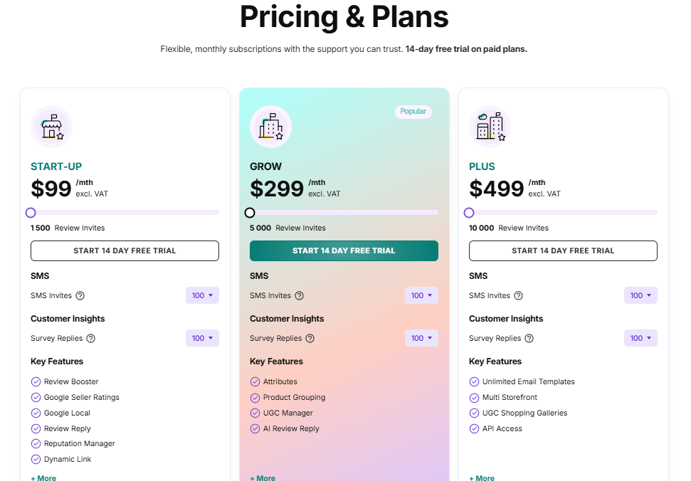 Reviews.io three types of pricing