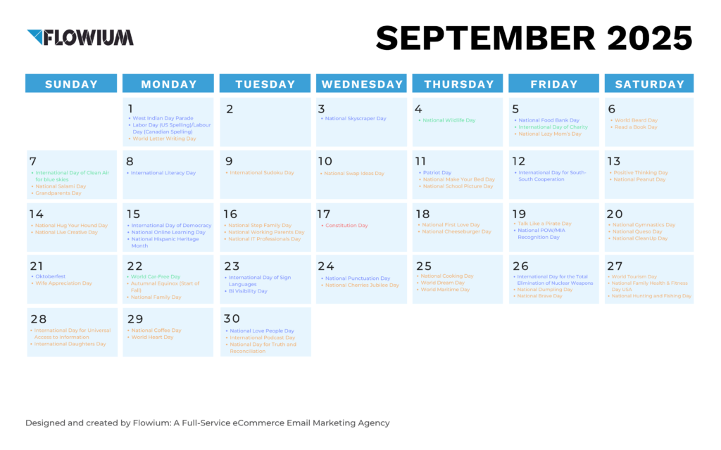 Email marketing calendar for September by Flowium.