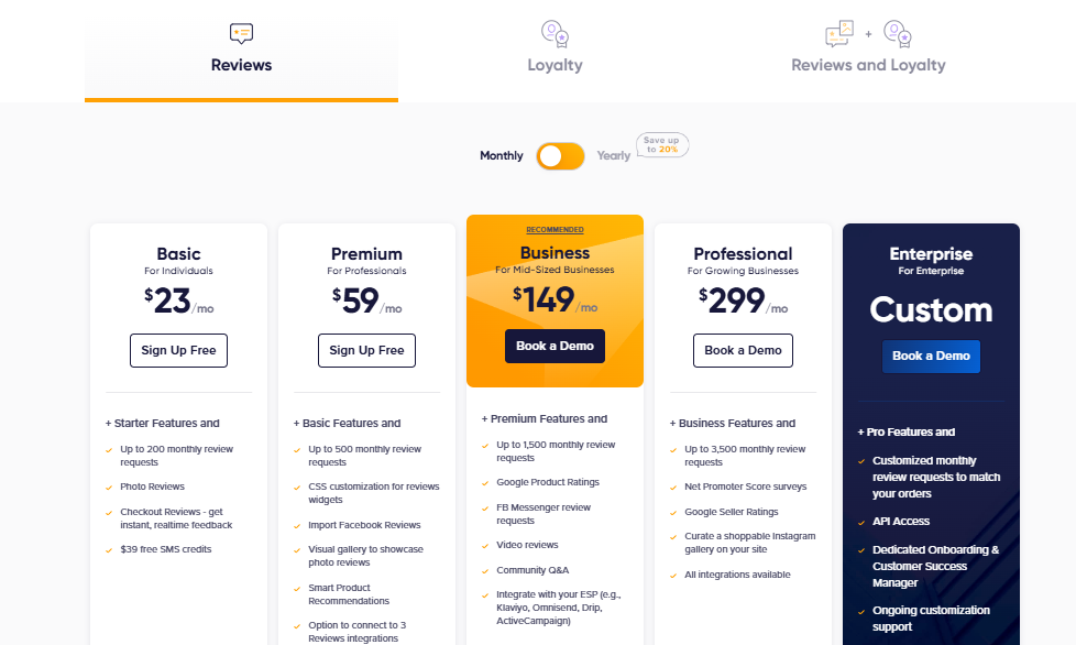 Stamped.io’s five types of pricing.