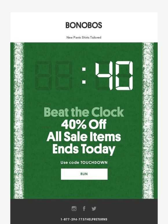 BONOBOS coupon code promoting a Super Bowl campaign, featuring vibrant colors and engaging design elements.