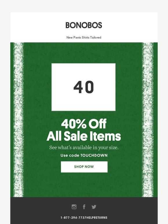 BONOBOS coupon code, highlighting their Super Bowl campaign with eye-catching colors.
