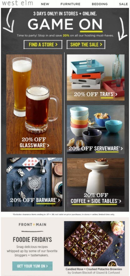 Promotional image for West Elm's Super Bowl Party Sale, featuring a coupon page.