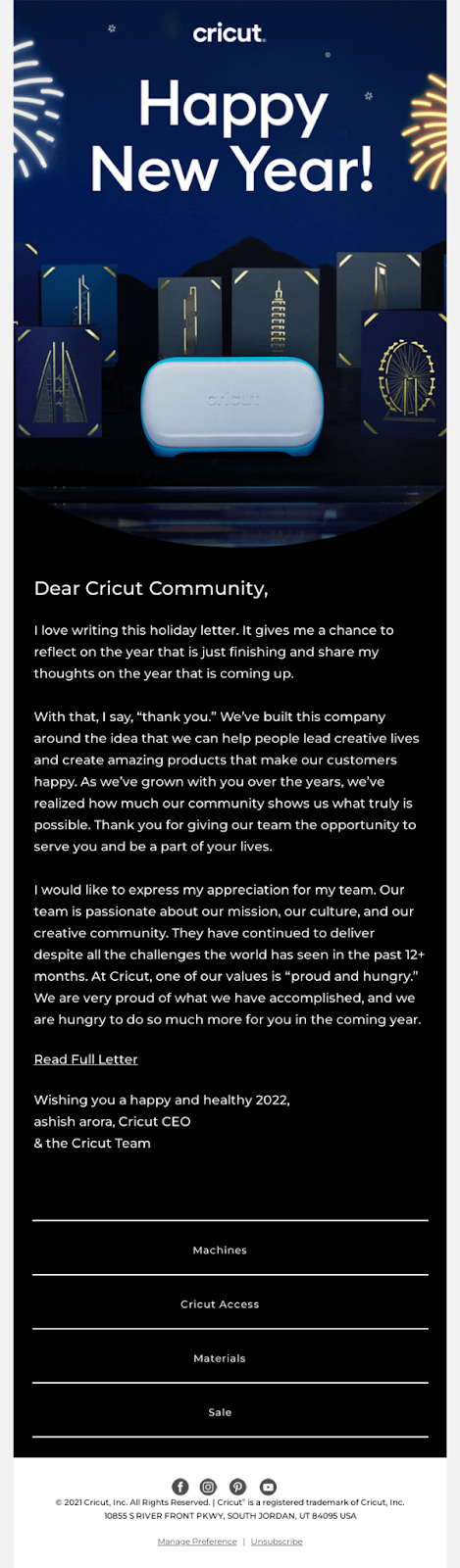 A festive New Year email template expressing gratitude and well wishes for the upcoming year.