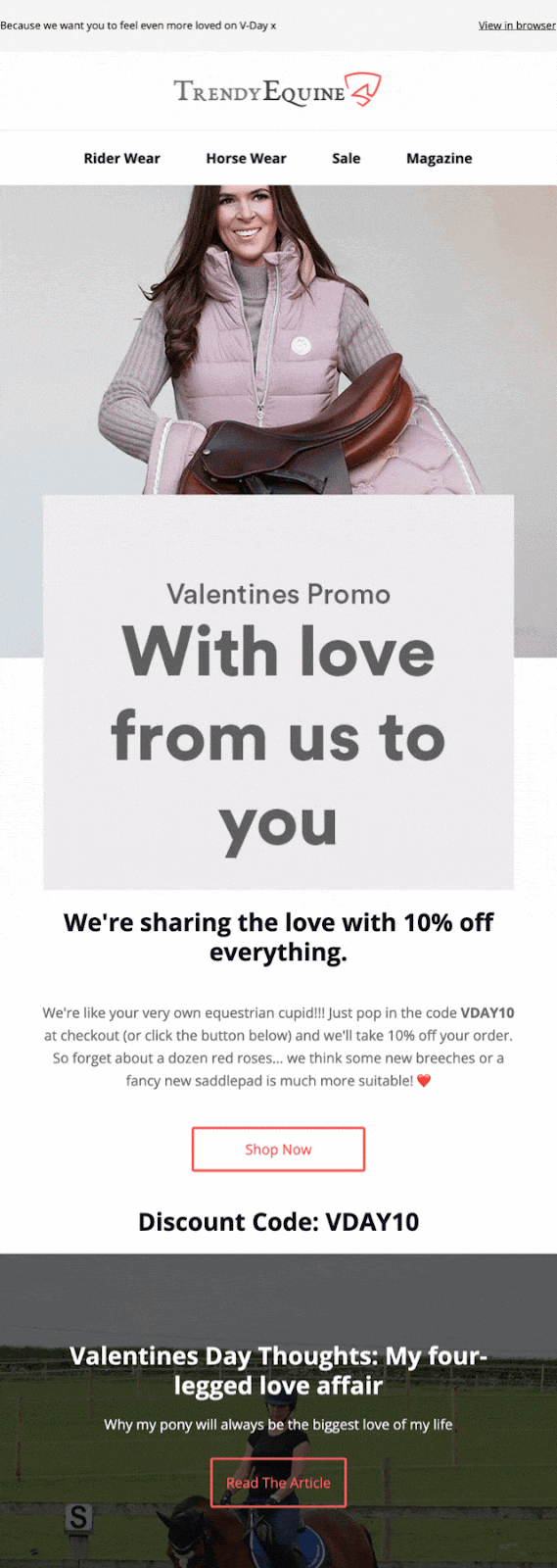 Email design from the Trendy Equine store's website featuring Valentine's Day-themed emails with animated GIFs.
