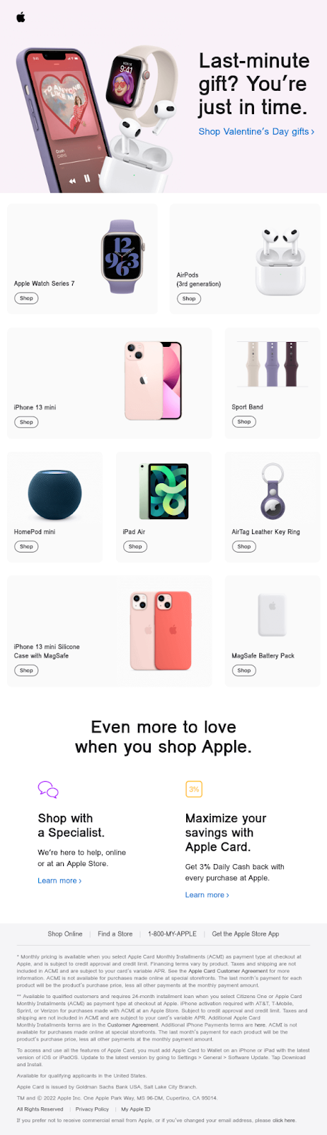 Apple Store email design displaying various products on sale, highlighted for Valentine's Day promotions.