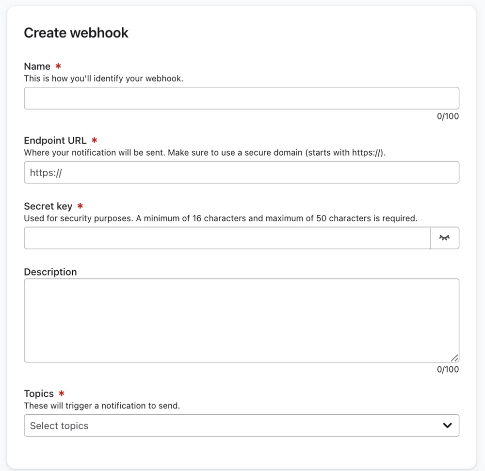 The create webhook page displayed, featuring input fields and options for setting up webhooks.